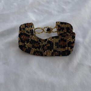 Vintage Beaded Seed Bracelet Leopard Print Women’s 7.5” Western Aztec